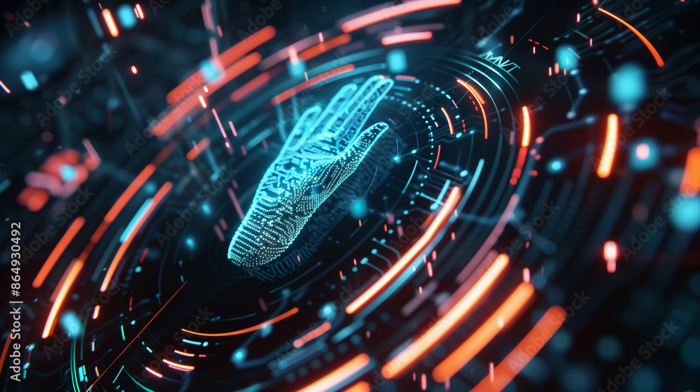 Poster futuristic cyber security technology linked with fingerprint authentication digital data protection 