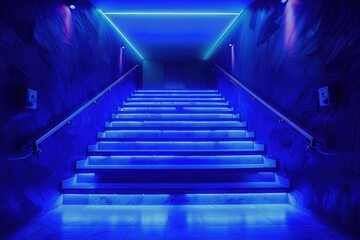 A set of stairs lit by blue lights in a modern building