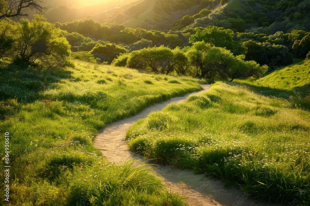 Poster path weaving through vibrant green field under bright sunlight, a sunlit trail meandering through a 