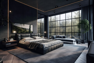 Spacious bedroom interior in gray colors in modern house.