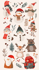 Adorable Christmas characters and decorative elements in flat vector style