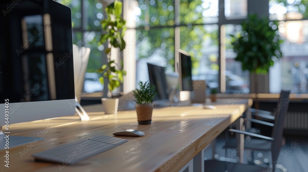 Poster a computer monitor sits on top of a wooden desk, ready for use