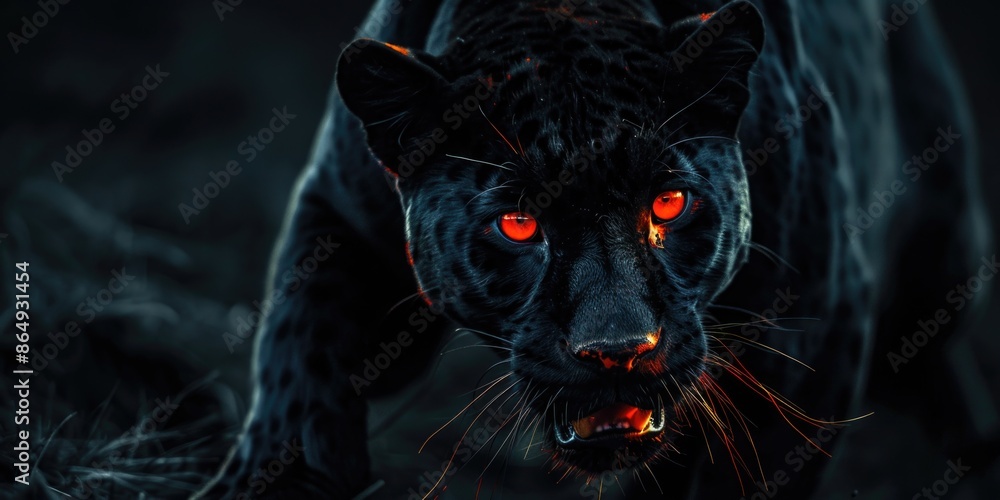 Poster a close-up view of a black leopard's face with striking red eyes