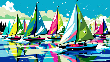 Obraz premium Vibrant Regatta Race with Colorful Sailboats on Serene Lake