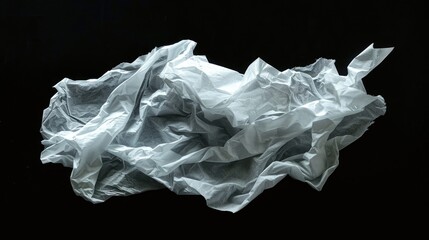 Fototapeta premium A discarded plastic bag with a crumpled texture on a black background, suitable for use in illustrations about waste, pollution, or consumerism