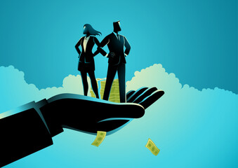 Vector illustration of a hand holding both a businesswoman and a businessman, symbolizing corporate support, care, and equality. Ideal for employee guarantee and security materials