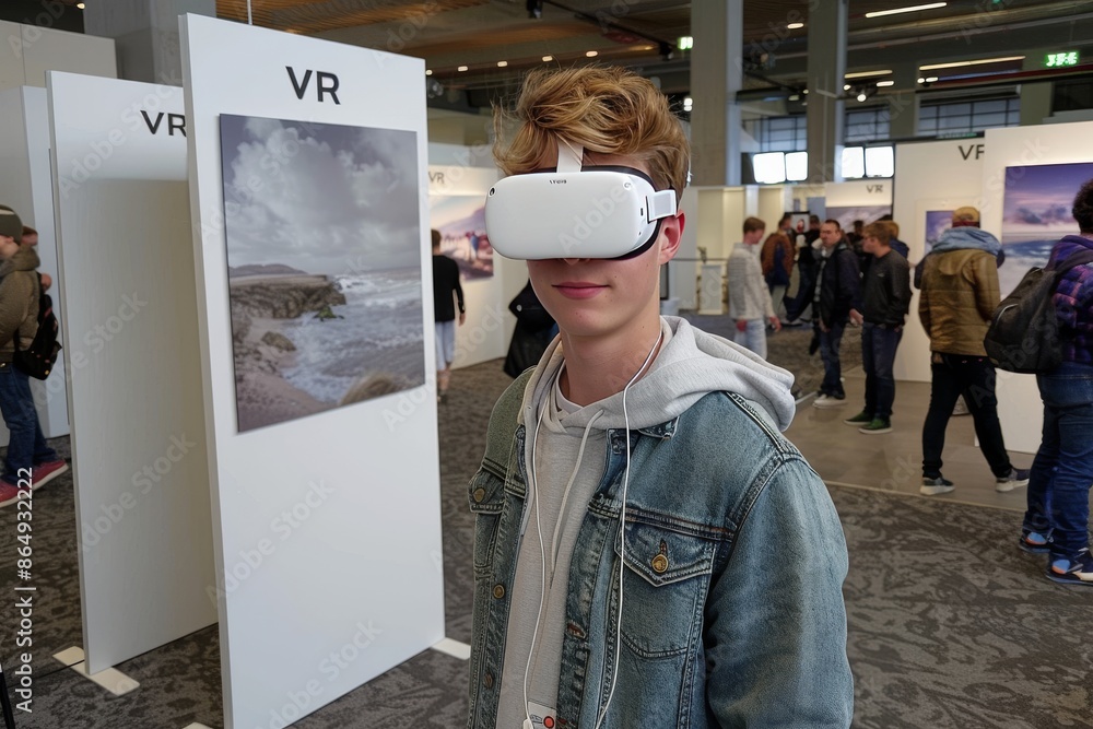 Poster man using vr in a public event, advanced technology, immersive virtual reality experience, and moder
