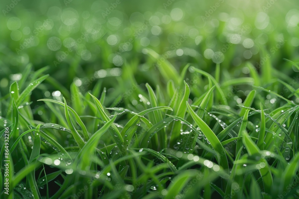 Poster close-up shot of water droplets on grass, ideal for use in nature-inspired designs or as a texture e