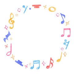 手書きの音符記号の円形フレーム、音符、休符、水彩カラー