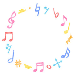 手書きの音符記号の円形フレーム、音符、休符、変化記号、水彩カラー