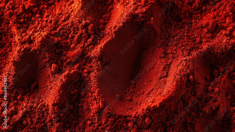 Poster a close-up view of a pile of vibrant red powder, perfect for use in illustrations or designs where b