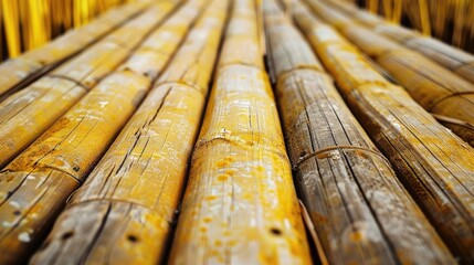 A close-up view of a bundle of bamboo poles, commonly used in gardening and construction