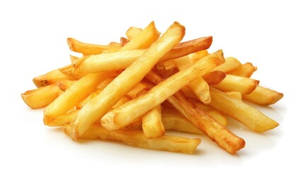 A stack of crispy french fries on a clean white surface, perfect for food photography or illustrations