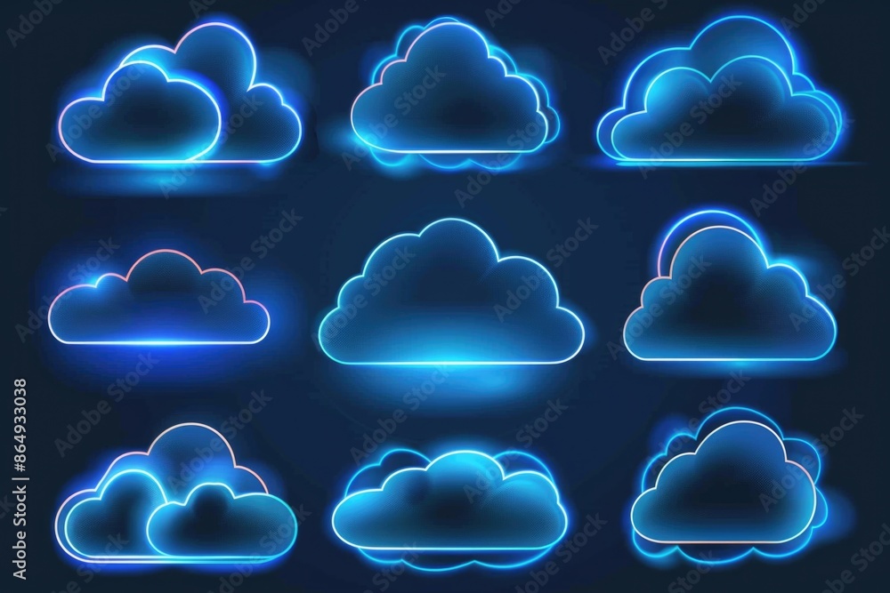 Poster a picture of glowing blue clouds against a dark background, suitable for use in sci-fi or futuristic