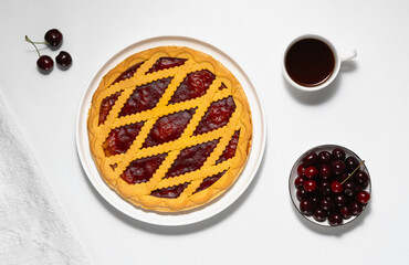 Cherry pie. Delicious summer homemade American cake with cherries. Sweet dessert