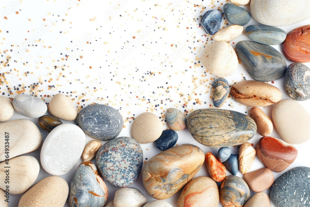 Poster a collection of small stones and rocks arranged on a white background