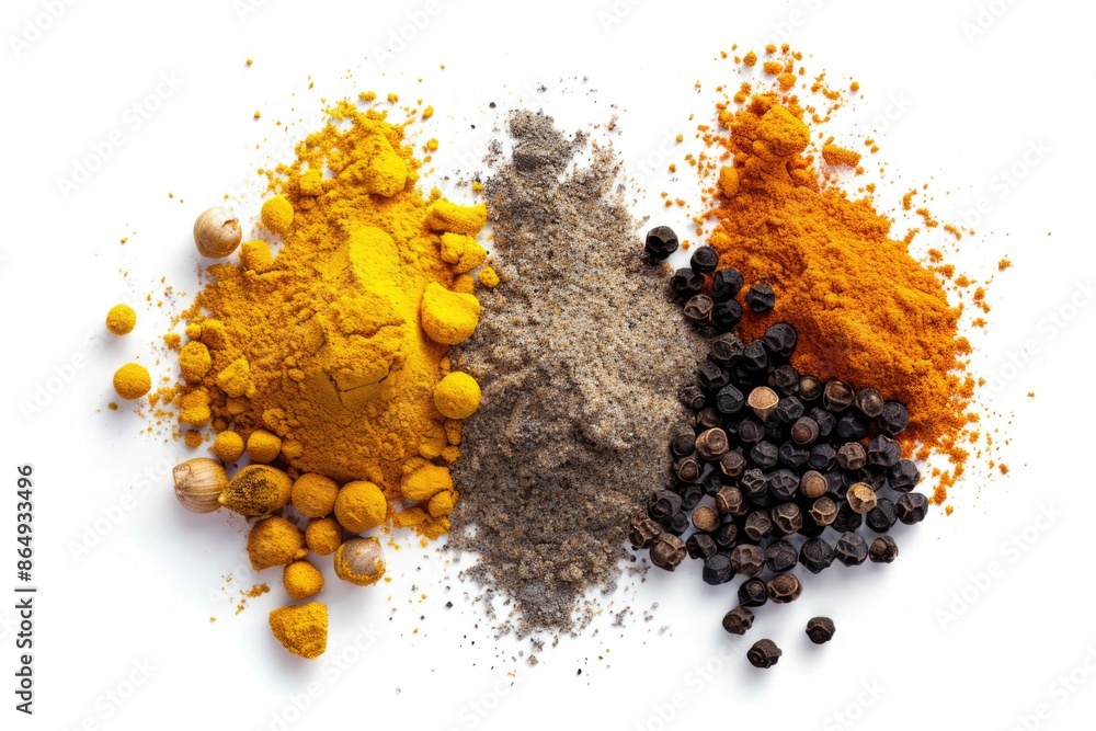 Poster A selection of different spices arranged on a white background for display or use