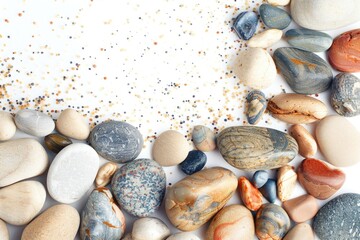 Fototapeta premium A collection of small stones and rocks arranged on a white background