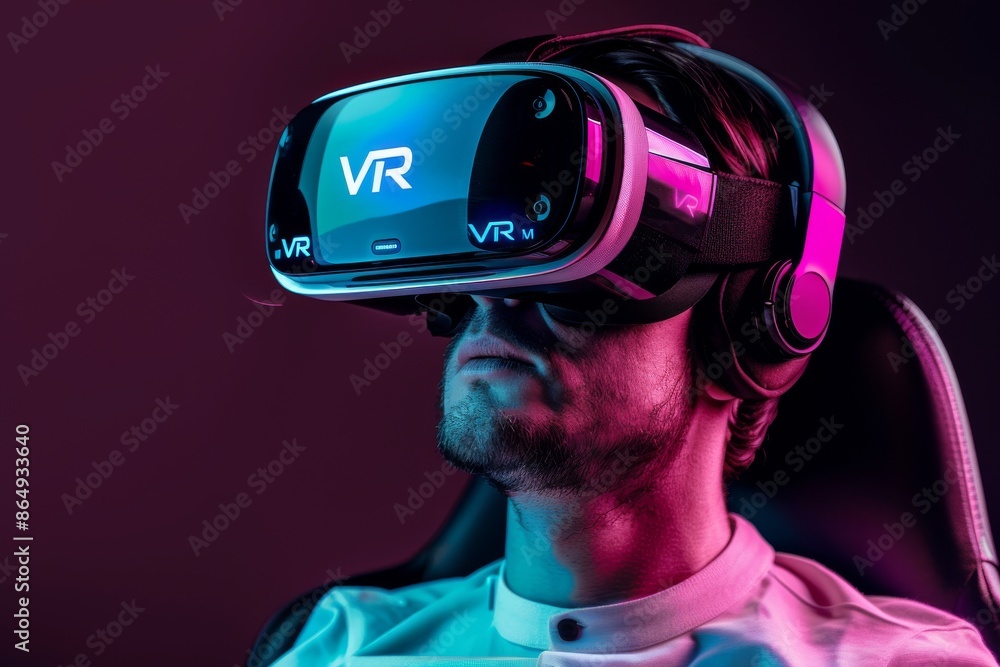 Poster tech enthusiast wearing vr headset with vibrant neon lighting, exploring virtual realms in a dynamic