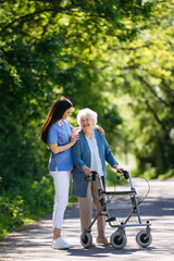 Female caregiver and senior woman with walker on walk in nature. Nurse and elderly woman enjoying a warm day in nursing home, public park.