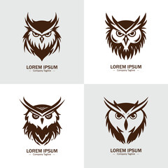 Set of Angry owl silhouettes. Suitable for logo, emblem, pattern, typography etc. Isolated on white background. Vector illustration