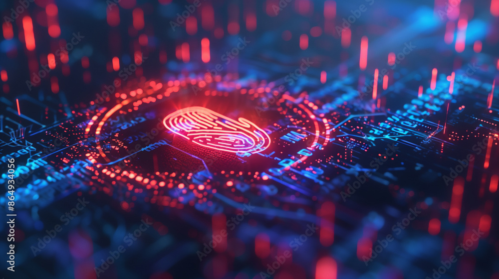 Poster futuristic cyber security technology linked with fingerprint authentication digital data protection 