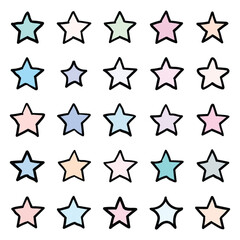 Hand drawn cartoon set of colorful stars on a white background.