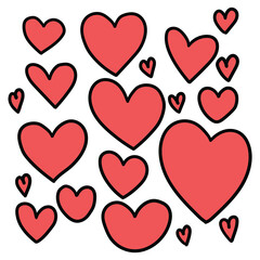 Hand drawn cartoon set of red hearts on white background. Valentine's day concept, love, passion.