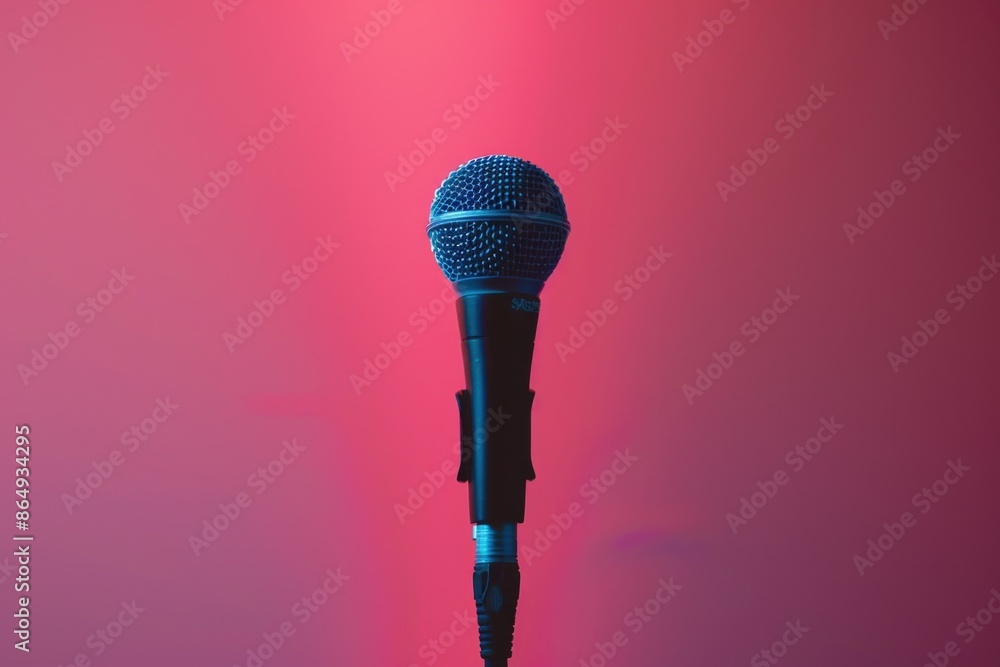 Aufkleber a professional microphone placed on a stand in front of a bright red background, ideal for music or 