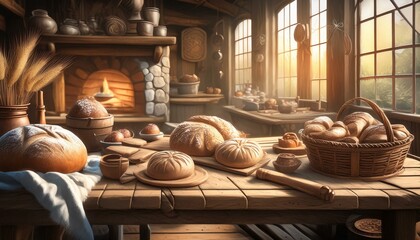 buns and breads on a wooden table in a rustic style kitchen