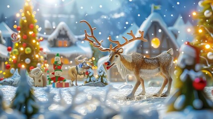 Reindeer in a Festive Winter Village