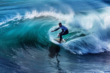 A man skillfully rides a wave on top of a surfboard, carving a sharp turn, A surfer carving a sharp turn on a wave