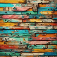 Vintage colourfull wooden wall with rough, textured planks and chipped paint