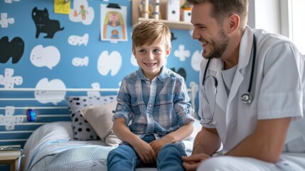 Obraz premium A doctor speaks with a young boy in a hospital room