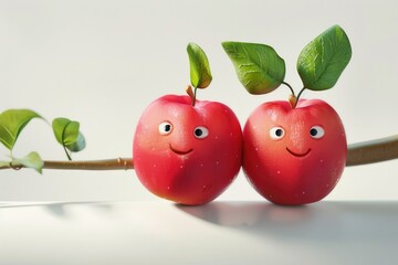A pair of bright red apples sit on the end of a tree branch, ripe and ready to be picked