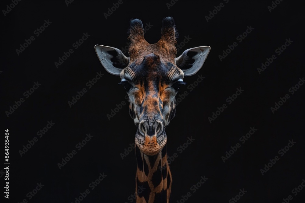 Poster A giraffe standing in front of a black background, providing a striking contrast