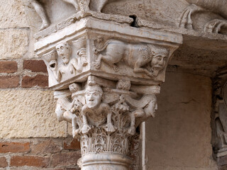 Verona dome cathedral church exterior sculptures detail. Romanesque sculpture attributed to the workshop of Veronese sculptor Brioloto