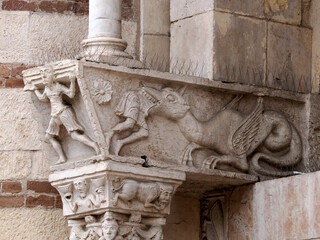 Verona dome cathedral church exterior sculptures detail. Romanesque sculpture attributed to the workshop of Veronese sculptor Brioloto