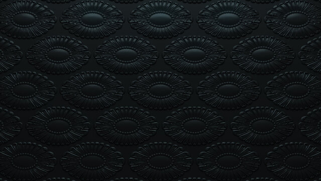 Black 3D Baroque Pattern Background. Intricate Dark Ornate Wallpaper.