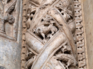Verona dome cathedral church exterior sculptures detail. Romanesque sculpture attributed to the...