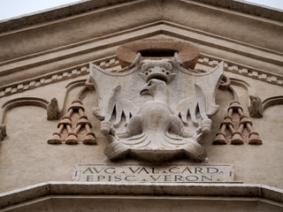 Verona dome cathedral church exterior sculptures detail. Romanesque sculpture attributed to the workshop of Veronese sculptor Brioloto