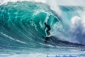 A man with perfect form riding a wave on top of a surfboard, A surfer riding a tube wave with perfect form