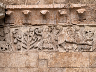 Verona dome cathedral church exterior sculptures detail. Romanesque sculpture attributed to the workshop of Veronese sculptor Brioloto