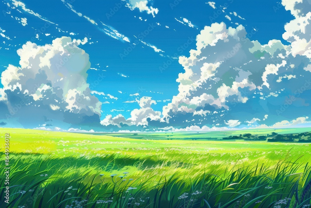 Wall mural vibrant green meadow with bright blue sky and fluffy white clouds. concept of nature, freedom, peace