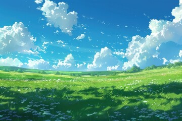 Fototapeta premium Beautiful Meadow Landscape with Lush Green Grass, White Wildflowers, and a Blue Sky Full of Fluffy Clouds. Tranquil nature scenery illustration.