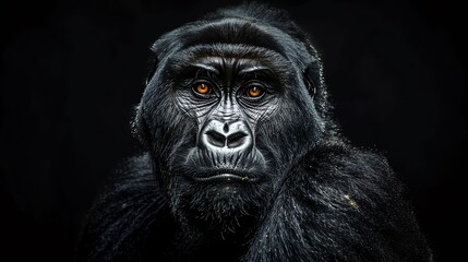 Obraz premium A close-up of a gorilla's face shows its expressive eyes and strong features against a black background
