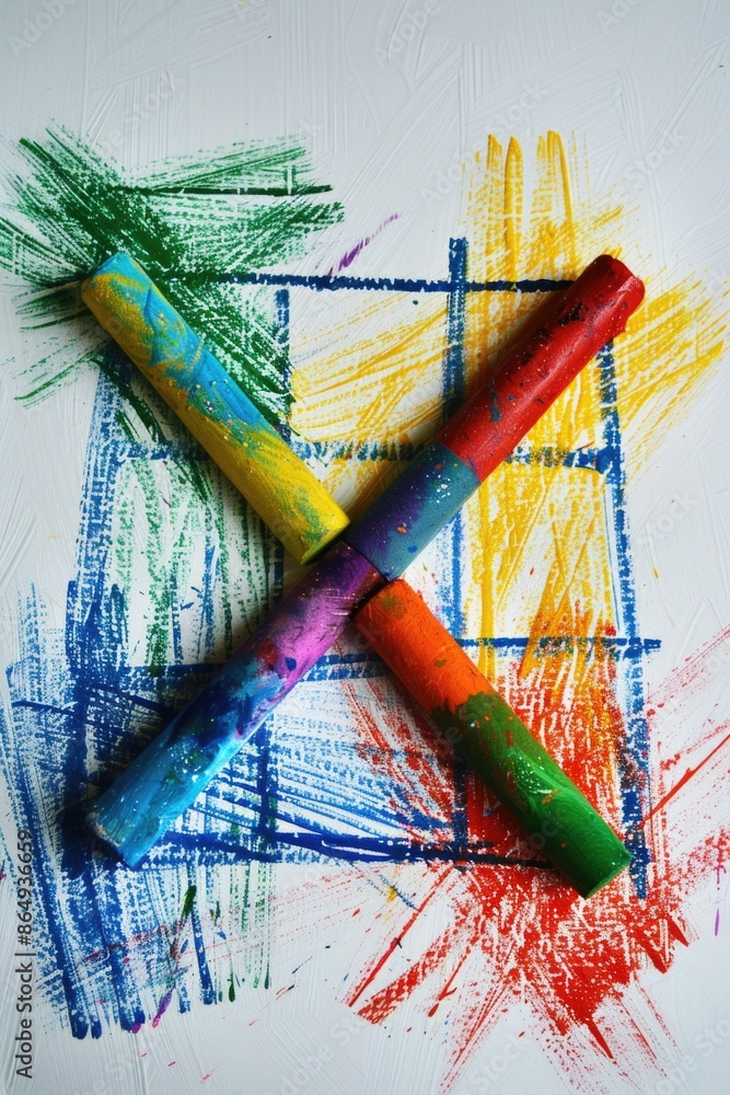 Poster Two crayons sit on a white surface surrounded by other colorful crayons, perfect for use in various illustrations and designs