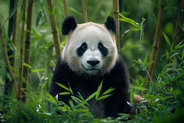 Fototapeta premium A giant panda gazes forward sitting amongst vibrant green bamboo, captured in natural daylight