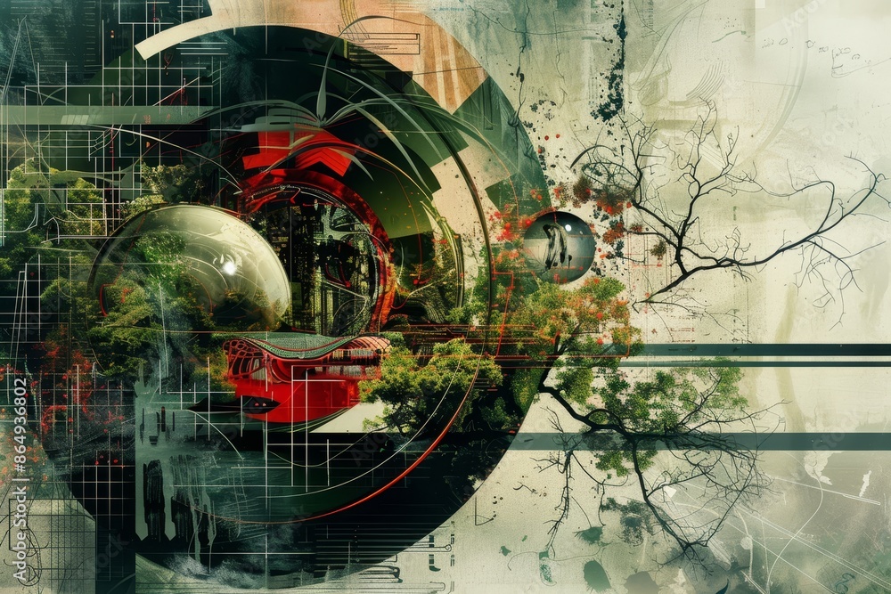 Poster a digital painting depicting a tree and a building merging in a surreal composition, a surreal abstr