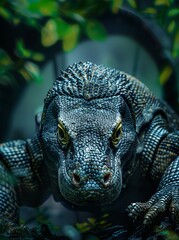 Obraz premium Komodo dragon emerging from tropical foliage